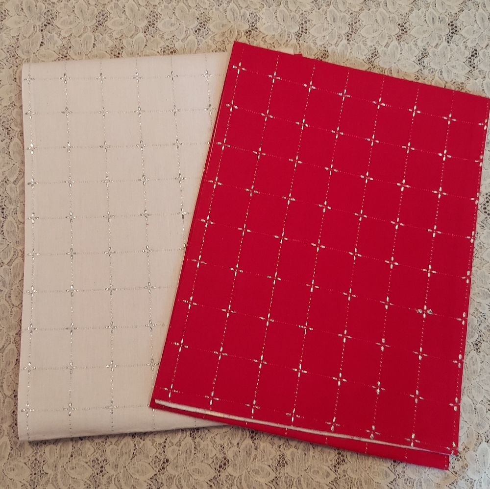 Two Stylehome Reversible Table Runners Red and Silver or White and Silver 72 in.